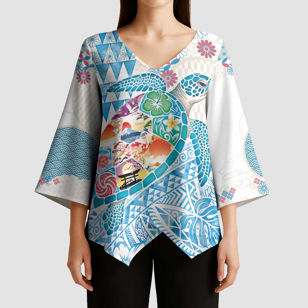 Hawaiian and Japanese Culture Together Kimono Sleeve Blouse Tropical Honu with Japanese Elements Blue Color LT03 - Polynesian Pride