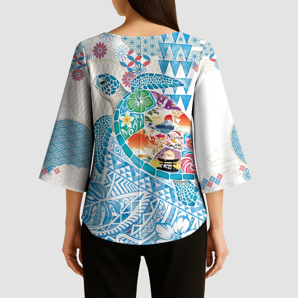 Hawaiian and Japanese Culture Together Kimono Sleeve Blouse Tropical Honu with Japanese Elements Blue Color LT03 - Polynesian Pride