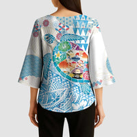 Hawaiian and Japanese Culture Together Kimono Sleeve Blouse Tropical Honu with Japanese Elements Blue Color LT03 - Polynesian Pride