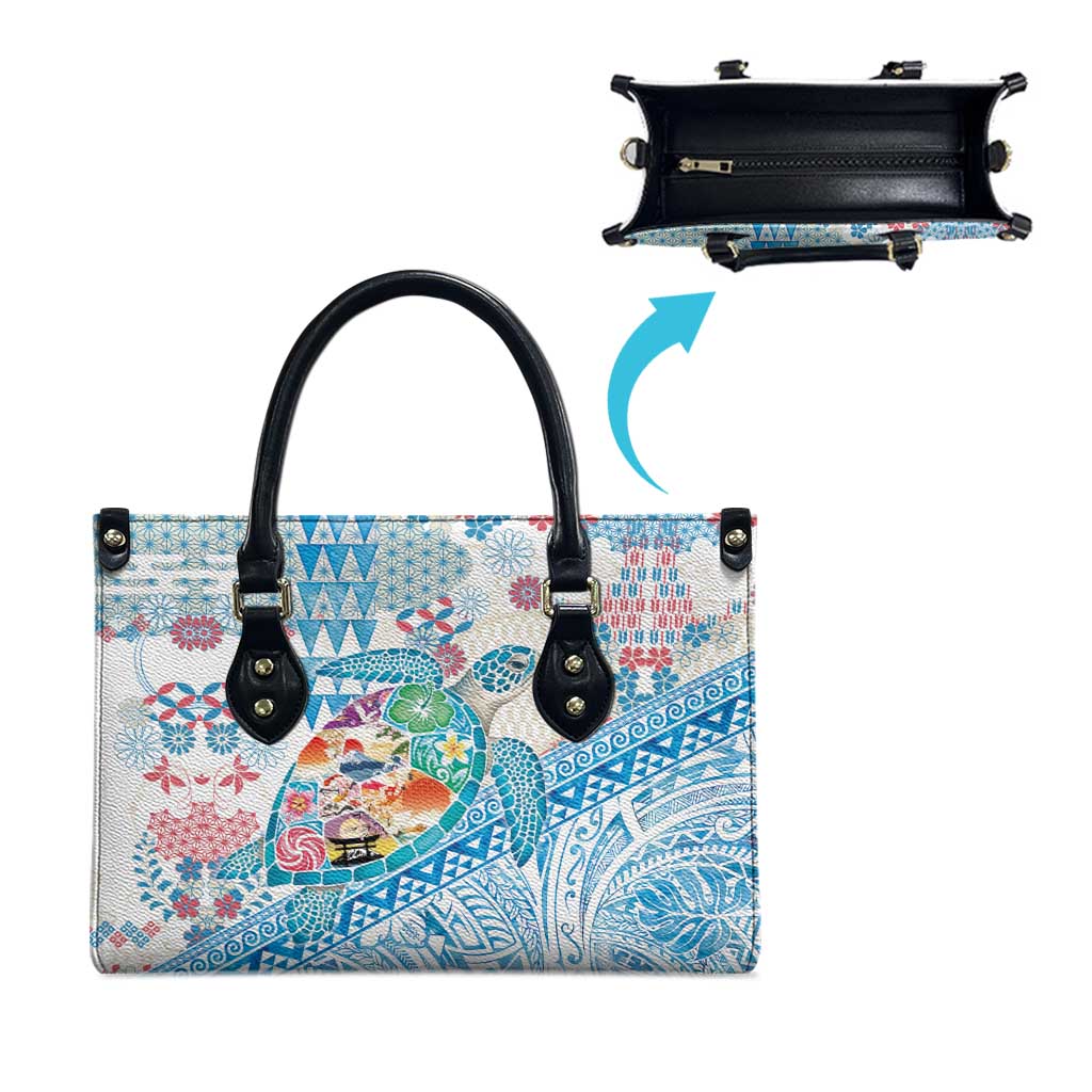 Hawaiian and Japanese Culture Together Leather Bag Tropical Honu with Japanese Elements Blue Color