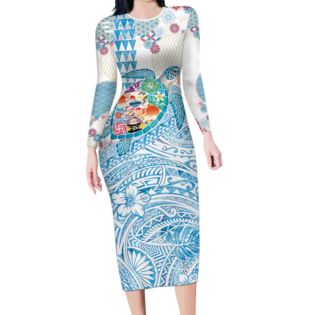 Hawaiian and Japanese Culture Together Long Sleeve Bodycon Dress Tropical Honu with Japanese Elements Blue Color