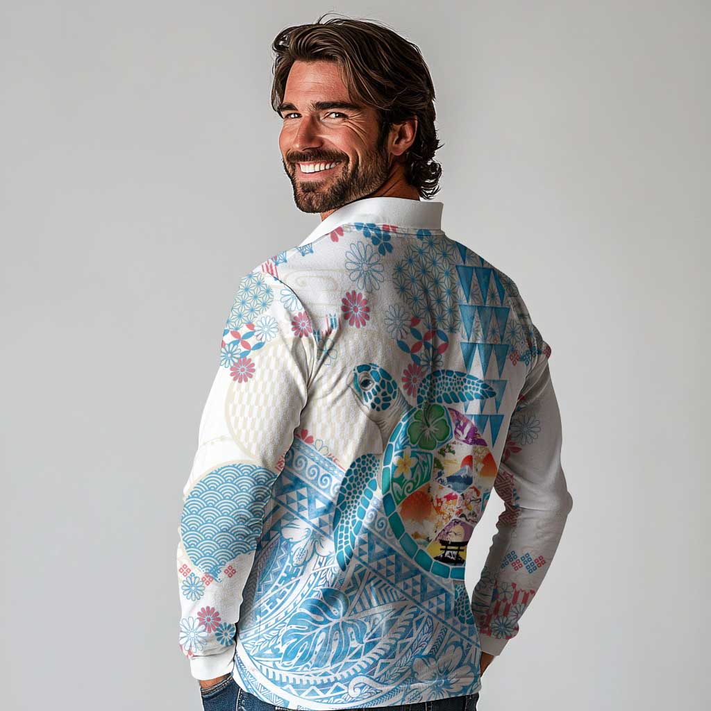 Hawaiian and Japanese Culture Together Long Sleeve Polo Shirt Tropical Honu with Japanese Elements Blue Color LT03 - Polynesian Pride