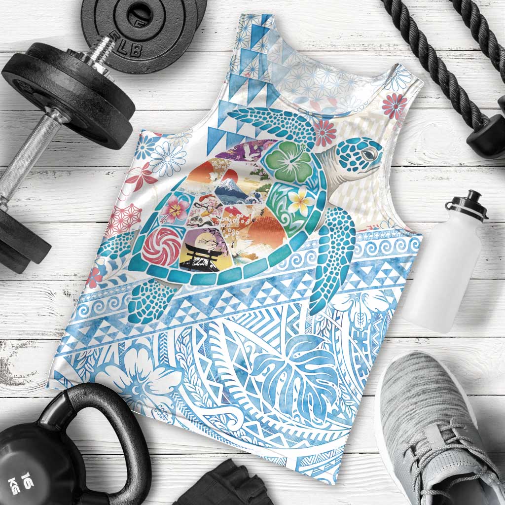 Hawaiian and Japanese Culture Together Men Tank Top Tropical Honu with Japanese Elements Blue Color LT03 - Polynesian Pride