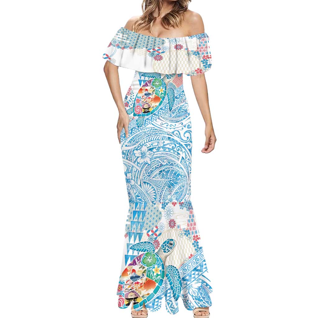 Hawaiian and Japanese Culture Together Mermaid Dress Tropical Honu with Japanese Elements Blue Color LT03 - Polynesian Pride