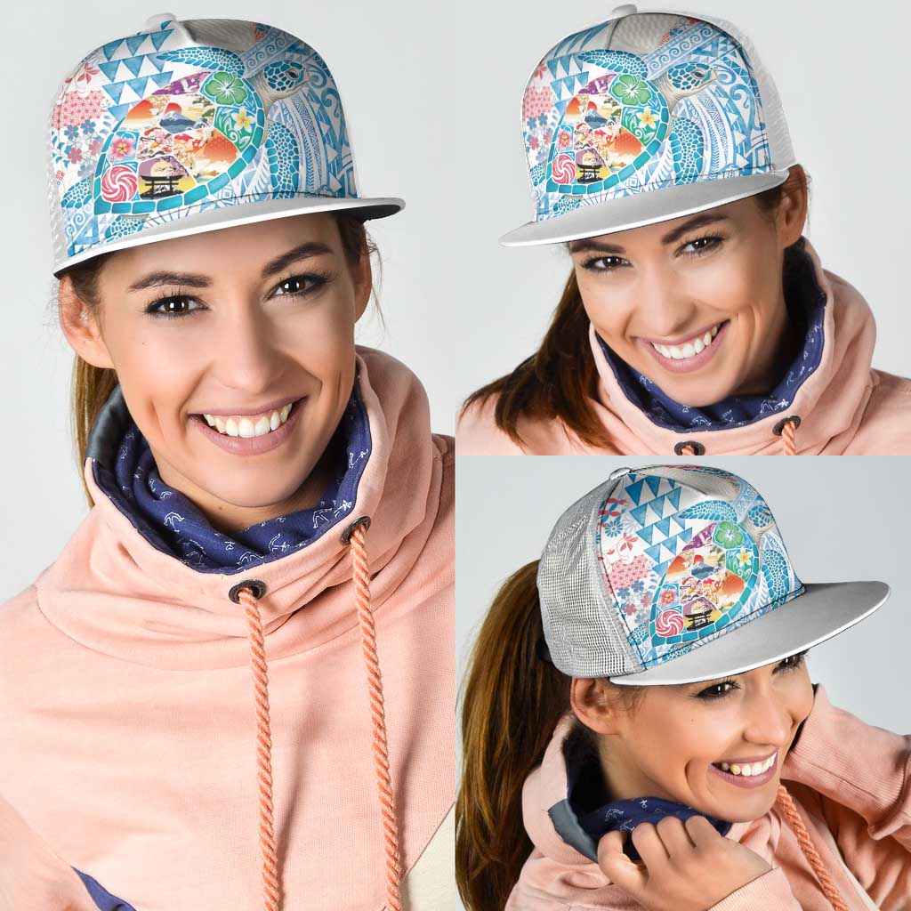 Hawaiian and Japanese Culture Together Mesh Trucker Cap Tropical Honu with Japanese Elements Blue Color