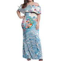 Hawaiian and Japanese Culture Together Off Shoulder Maxi Dress Tropical Honu with Japanese Elements Blue Color LT03 Women Blue - Polynesian Pride