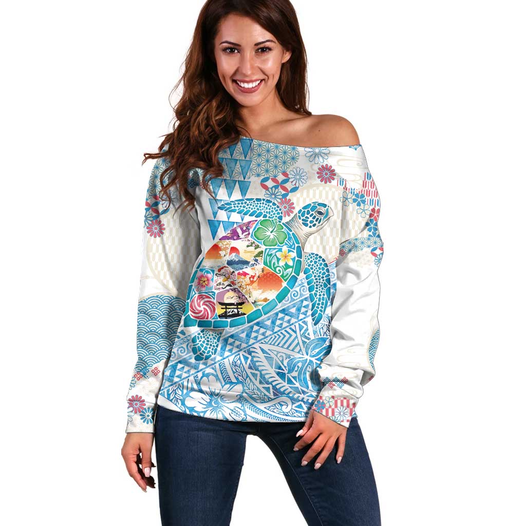 Hawaiian and Japanese Culture Together Off Shoulder Sweater Tropical Honu with Japanese Elements Blue Color LT03 Women Blue - Polynesian Pride
