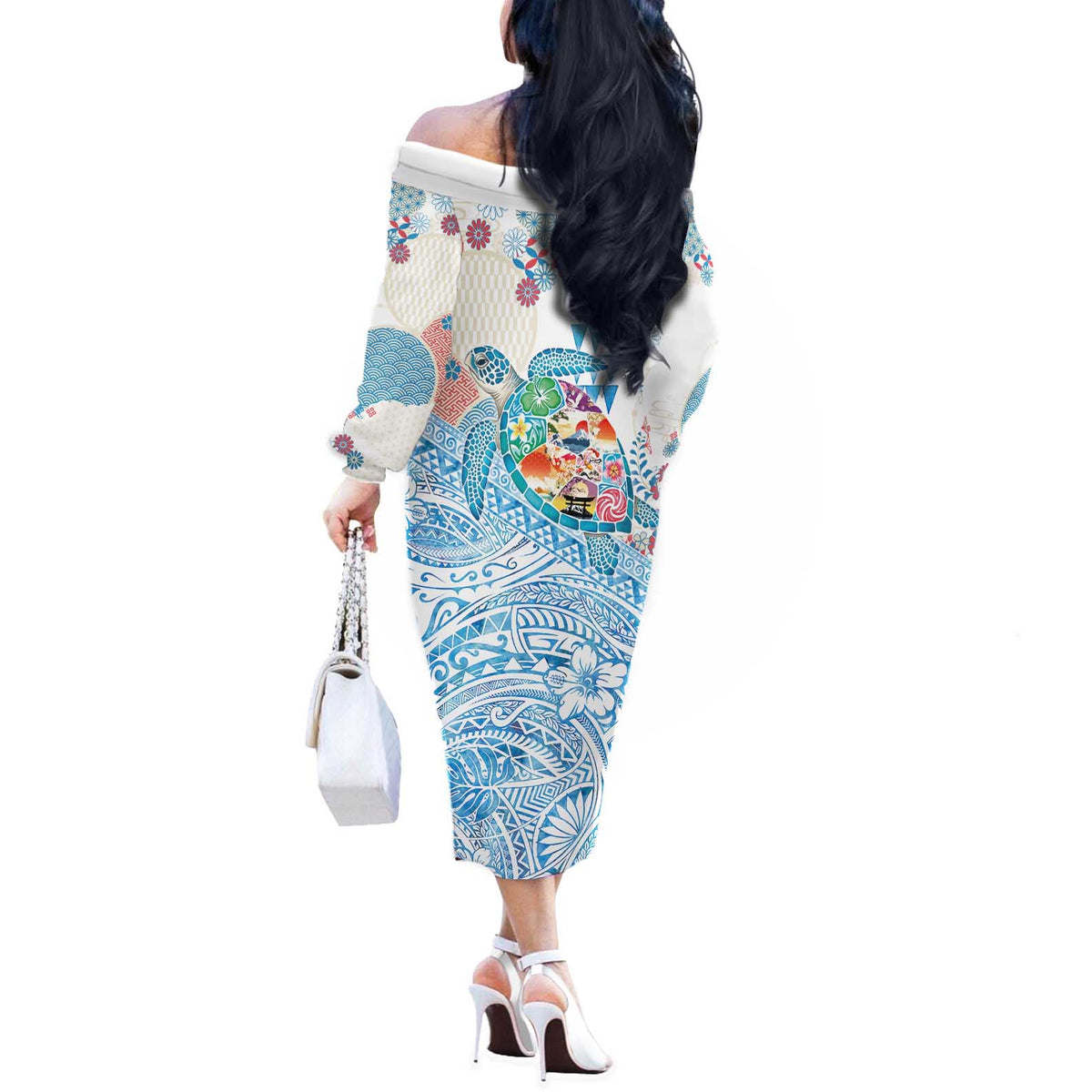 Hawaiian and Japanese Culture Together Off The Shoulder Long Sleeve Dress Tropical Honu with Japanese Elements Blue Color LT03 - Polynesian Pride