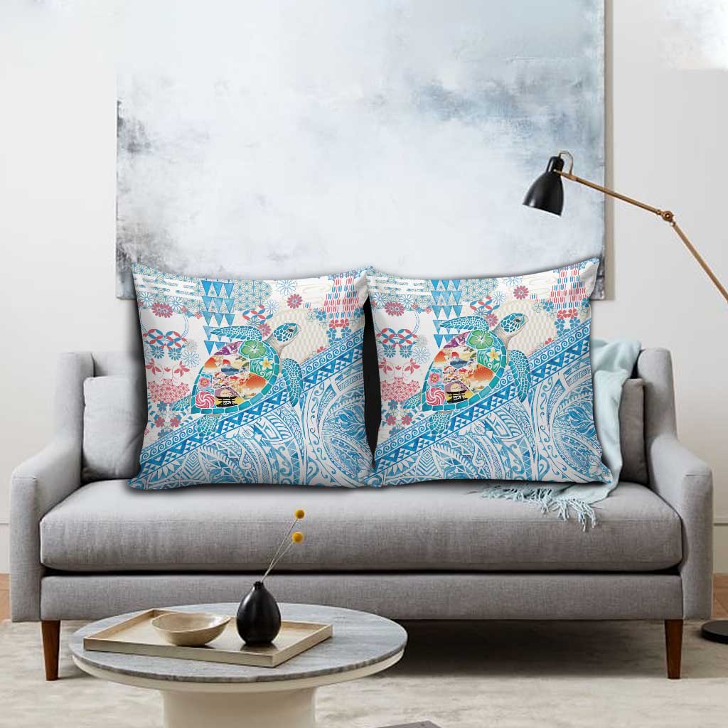 Hawaiian and Japanese Culture Together Pillow Cover Tropical Honu with Japanese Elements Blue Color LT03 - Polynesian Pride