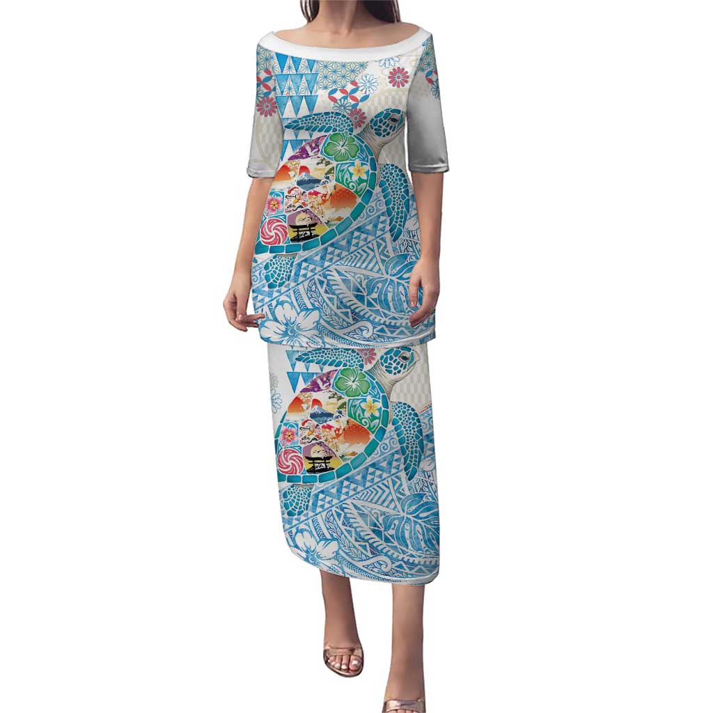 Hawaiian and Japanese Culture Together Puletasi Tropical Honu with Japanese Elements Blue Color LT03 Long Dress Blue - Polynesian Pride