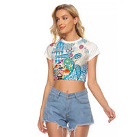 Hawaiian and Japanese Culture Together Raglan Cropped T Shirt Tropical Honu with Japanese Elements Blue Color LT03 Female Blue - Polynesian Pride