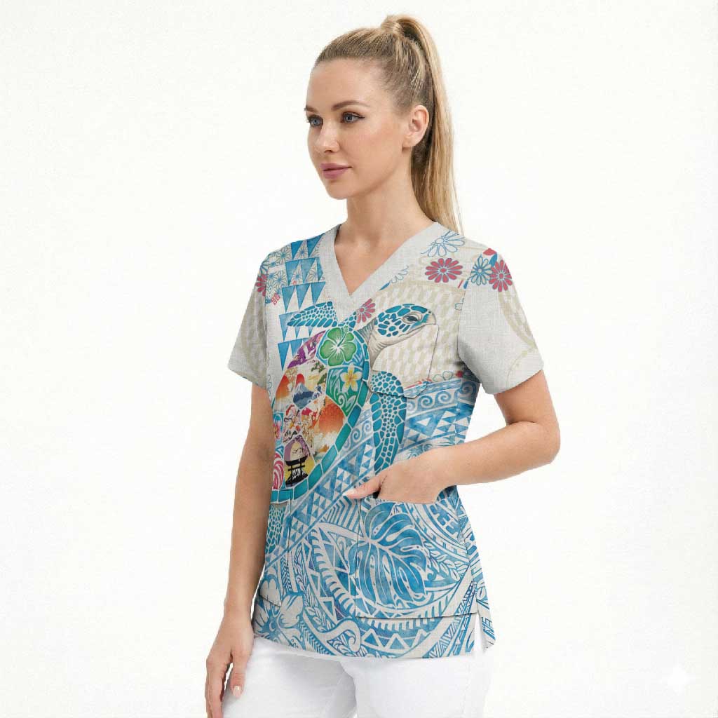 Hawaiian and Japanese Culture Together Scrub Top Tropical Honu with Japanese Elements Blue Color