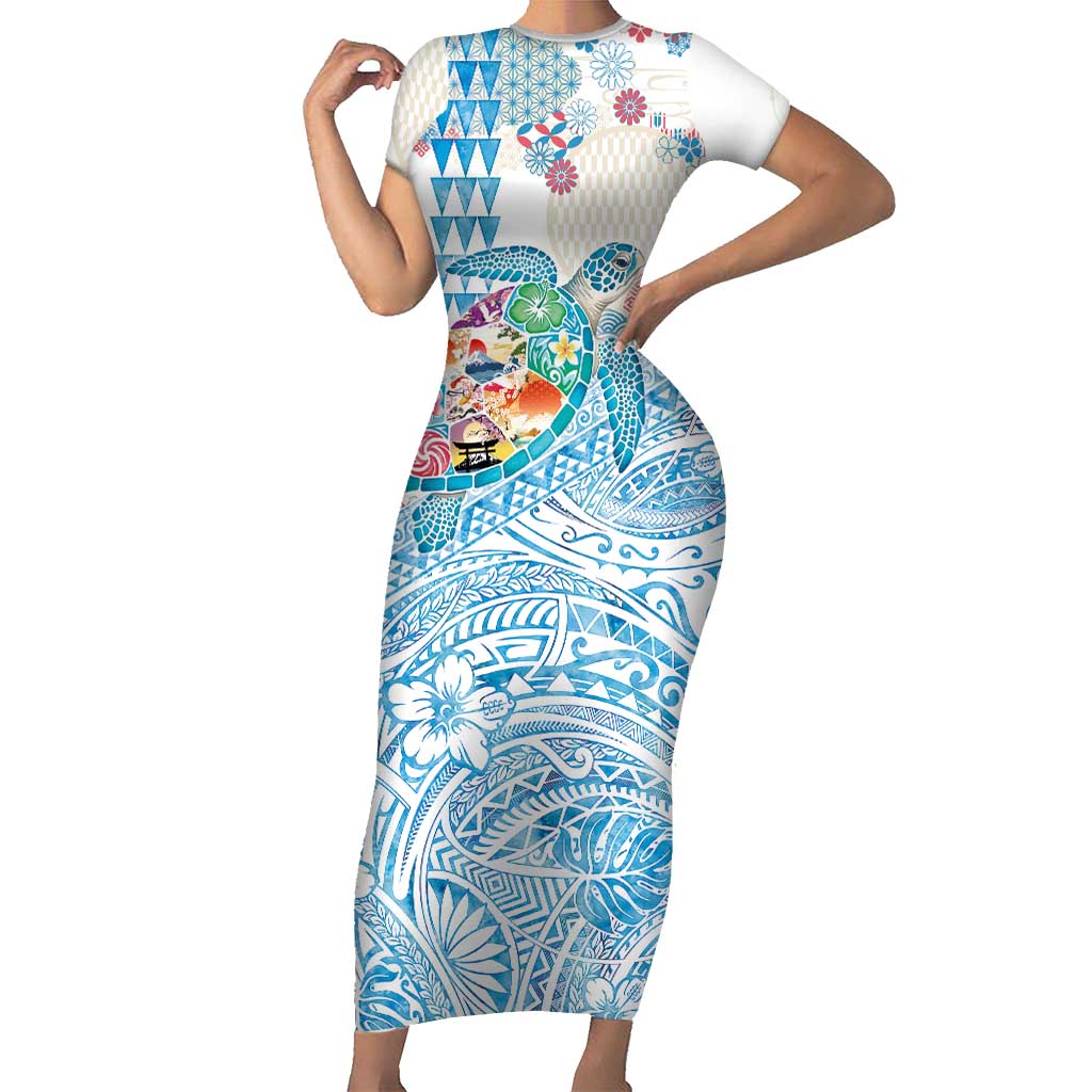 Hawaiian and Japanese Culture Together Short Sleeve Bodycon Dress Tropical Honu with Japanese Elements Blue Color LT03 Long Dress Blue - Polynesian Pride
