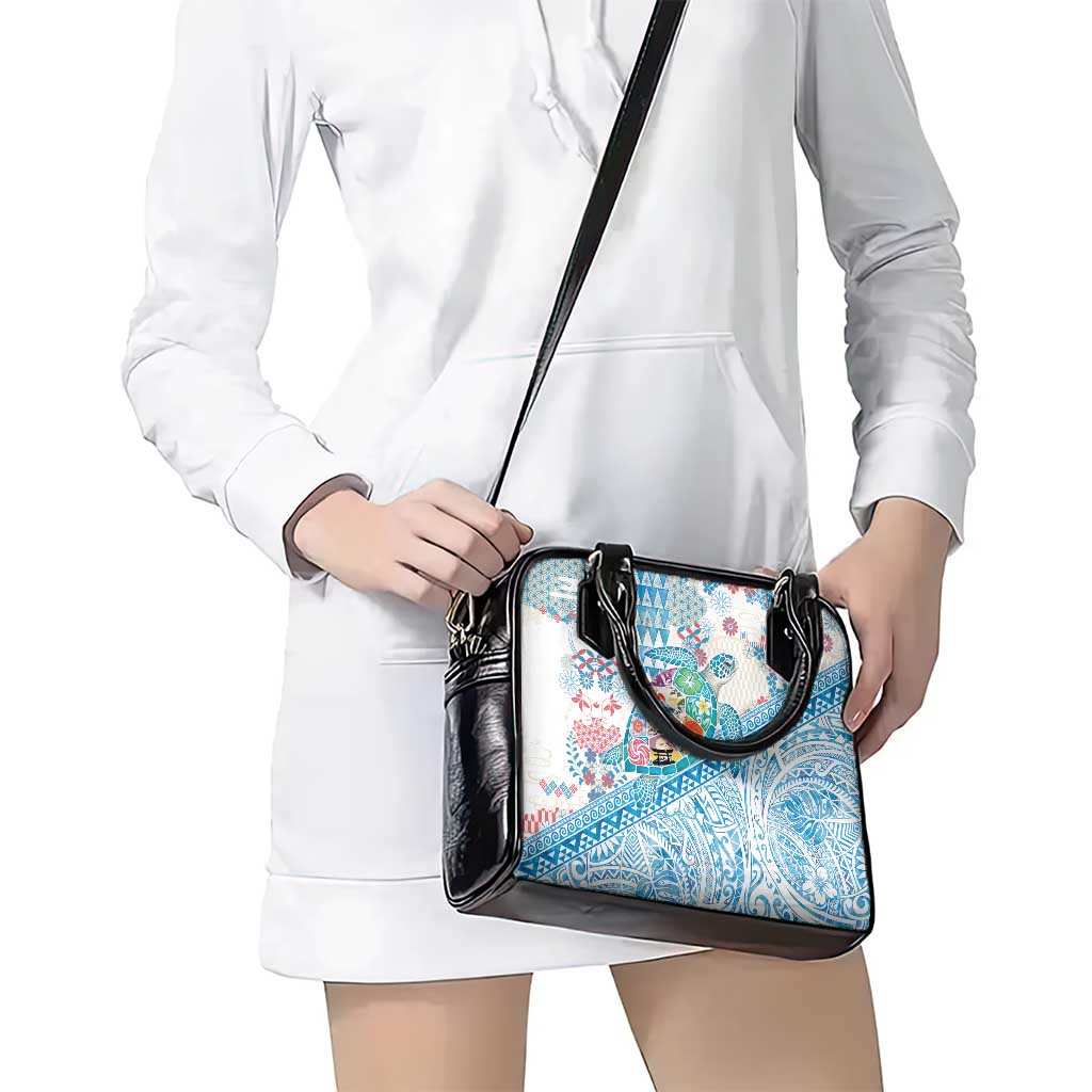 Hawaiian and Japanese Culture Together Shoulder Handbag Tropical Honu with Japanese Elements Blue Color