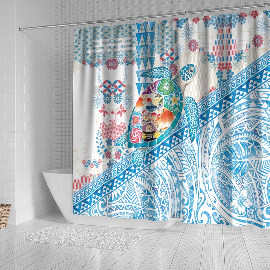 Hawaiian and Japanese Culture Together Shower Curtain Tropical Honu with Japanese Elements Blue Color LT03 - Polynesian Pride