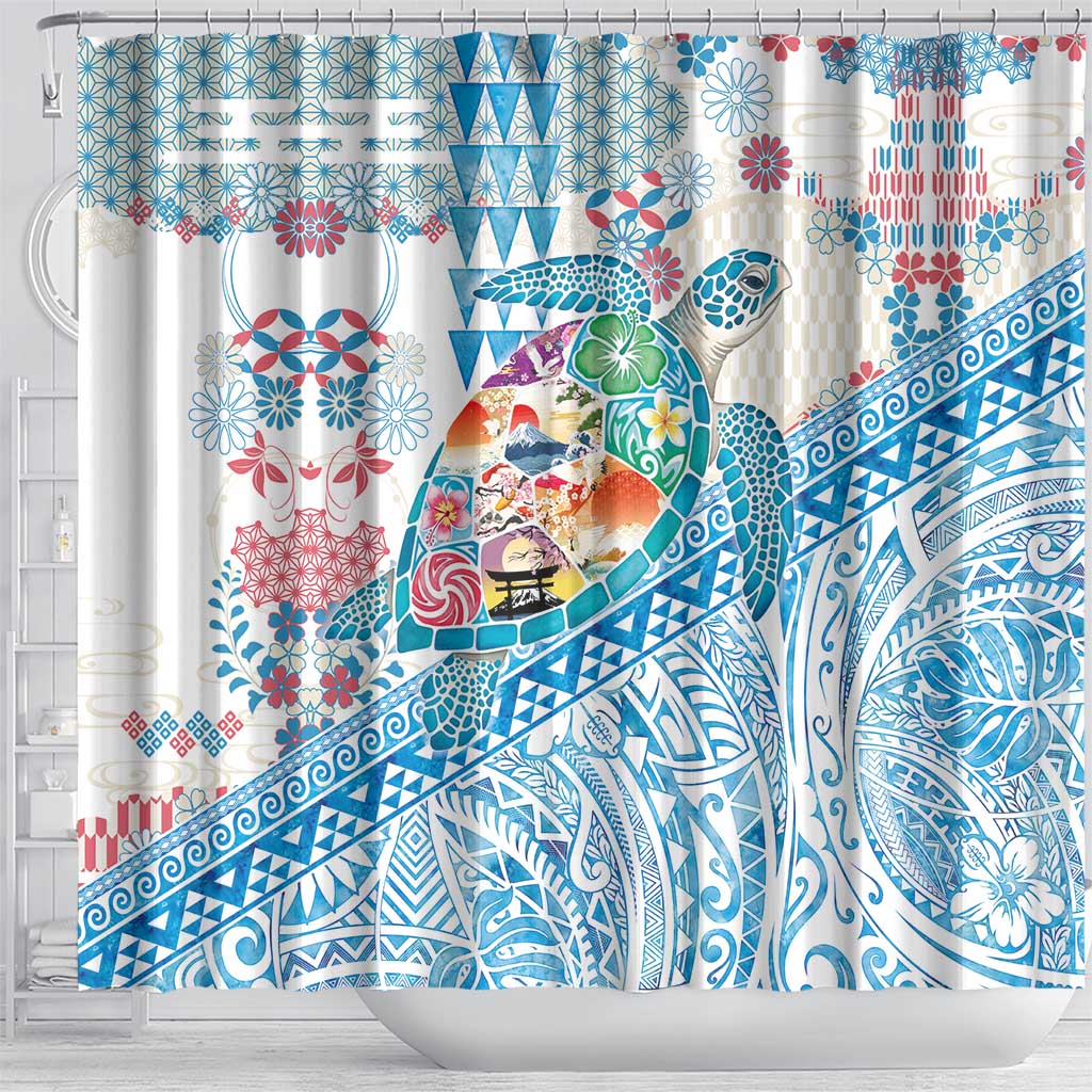 Hawaiian and Japanese Culture Together Shower Curtain Tropical Honu with Japanese Elements Blue Color LT03 - Polynesian Pride