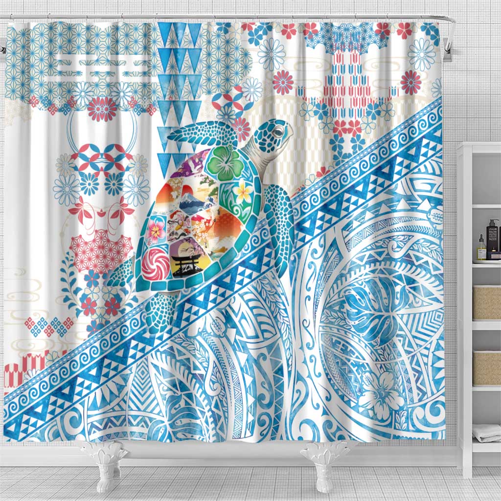 Hawaiian and Japanese Culture Together Shower Curtain Tropical Honu with Japanese Elements Blue Color LT03 - Polynesian Pride