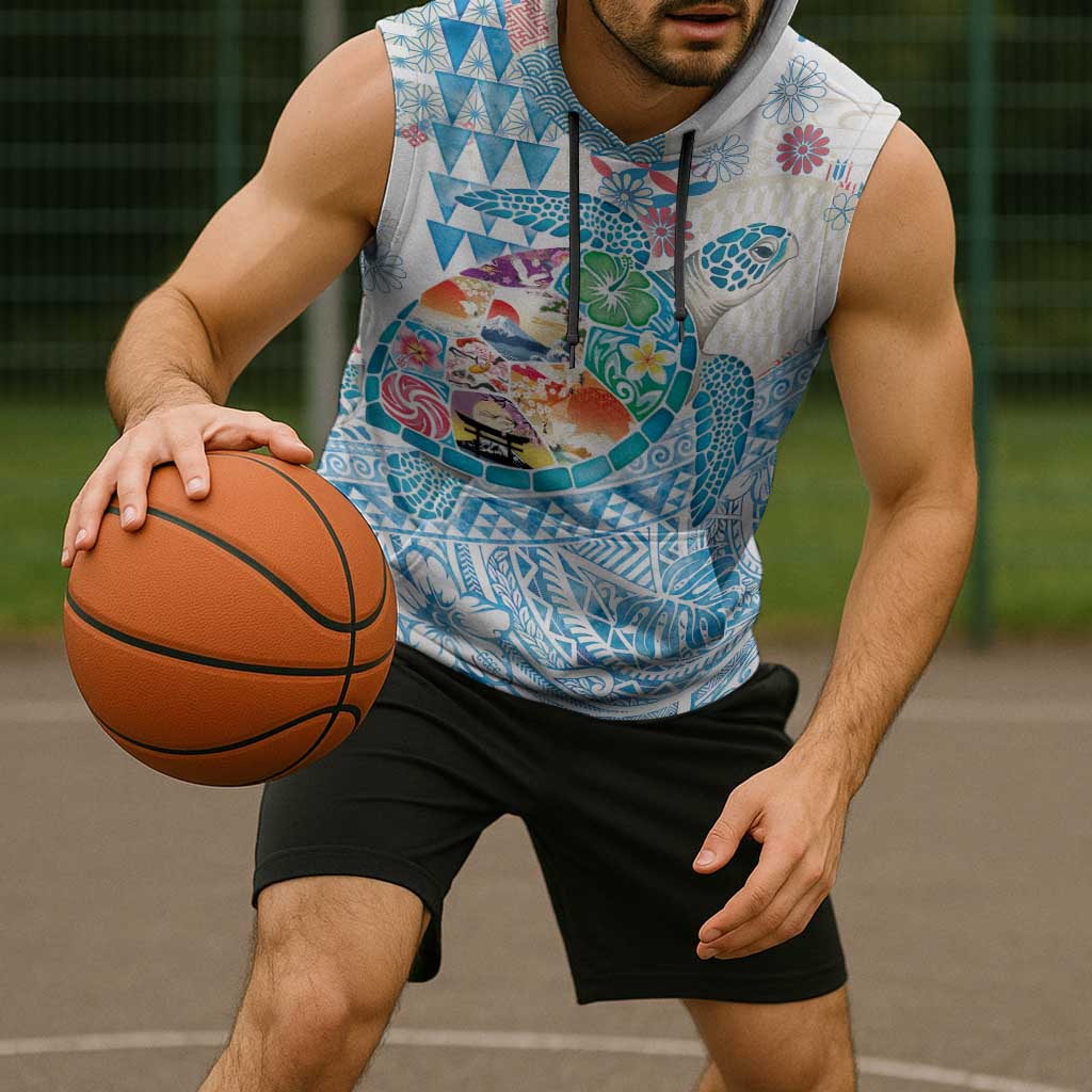 Hawaiian and Japanese Culture Together Sleeveless Hoodie Tropical Honu with Japanese Elements Blue Color LT03 - Polynesian Pride