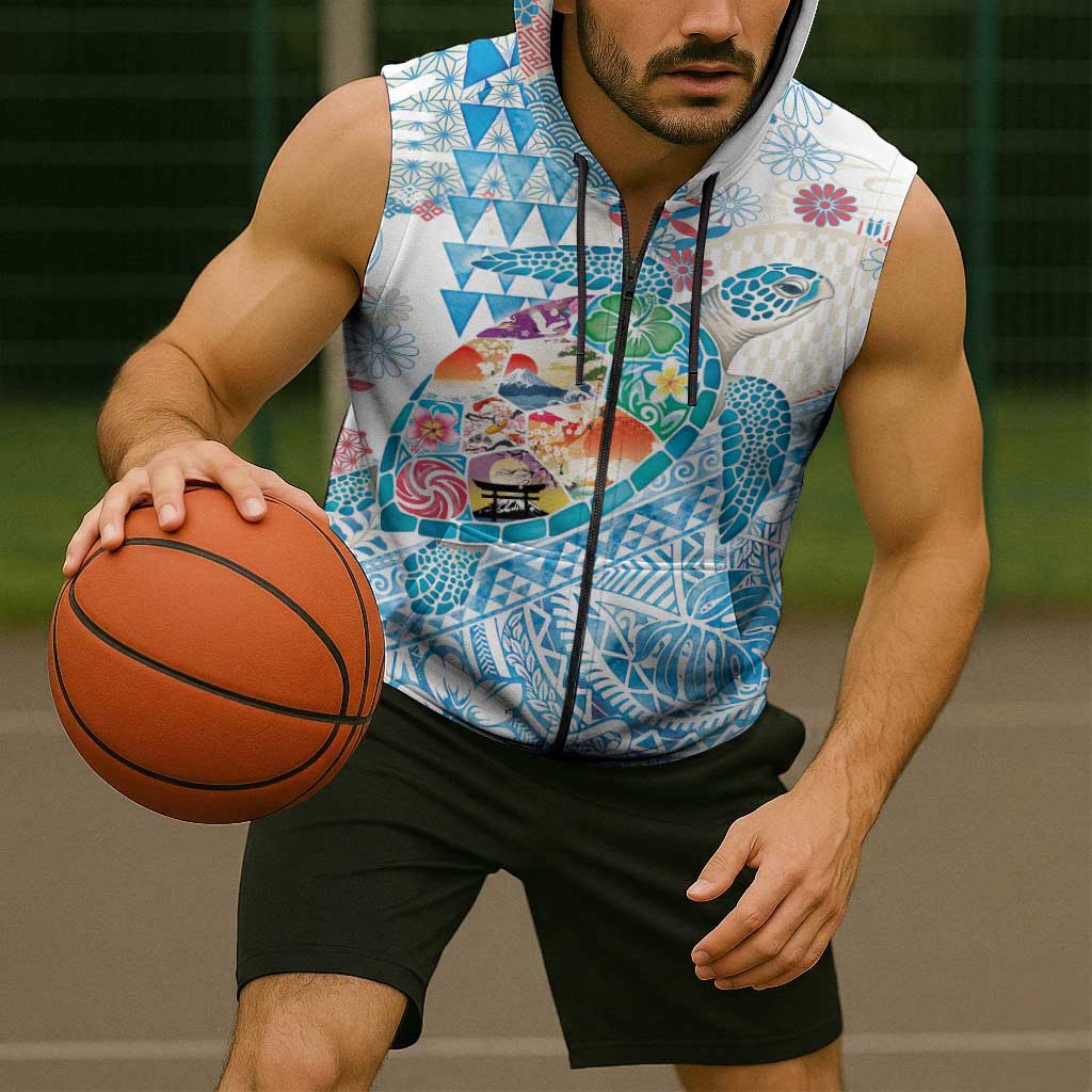 Hawaiian and Japanese Culture Together Sleeveless Zip Hoodie Tropical Honu with Japanese Elements Blue Color LT03 - Polynesian Pride