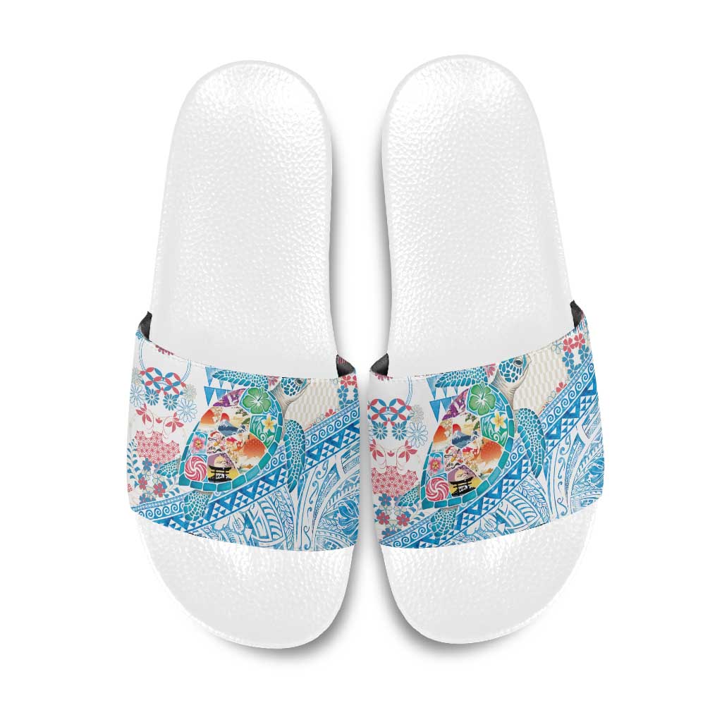 Hawaiian and Japanese Culture Together Slide Sandals Tropical Honu with Japanese Elements Blue Color LT03 Blue - Polynesian Pride
