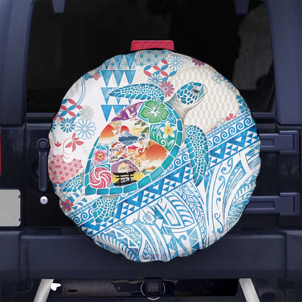 Hawaiian and Japanese Culture Together Spare Tire Cover Tropical Honu with Japanese Elements Blue Color LT03 No hole Blue - Polynesian Pride
