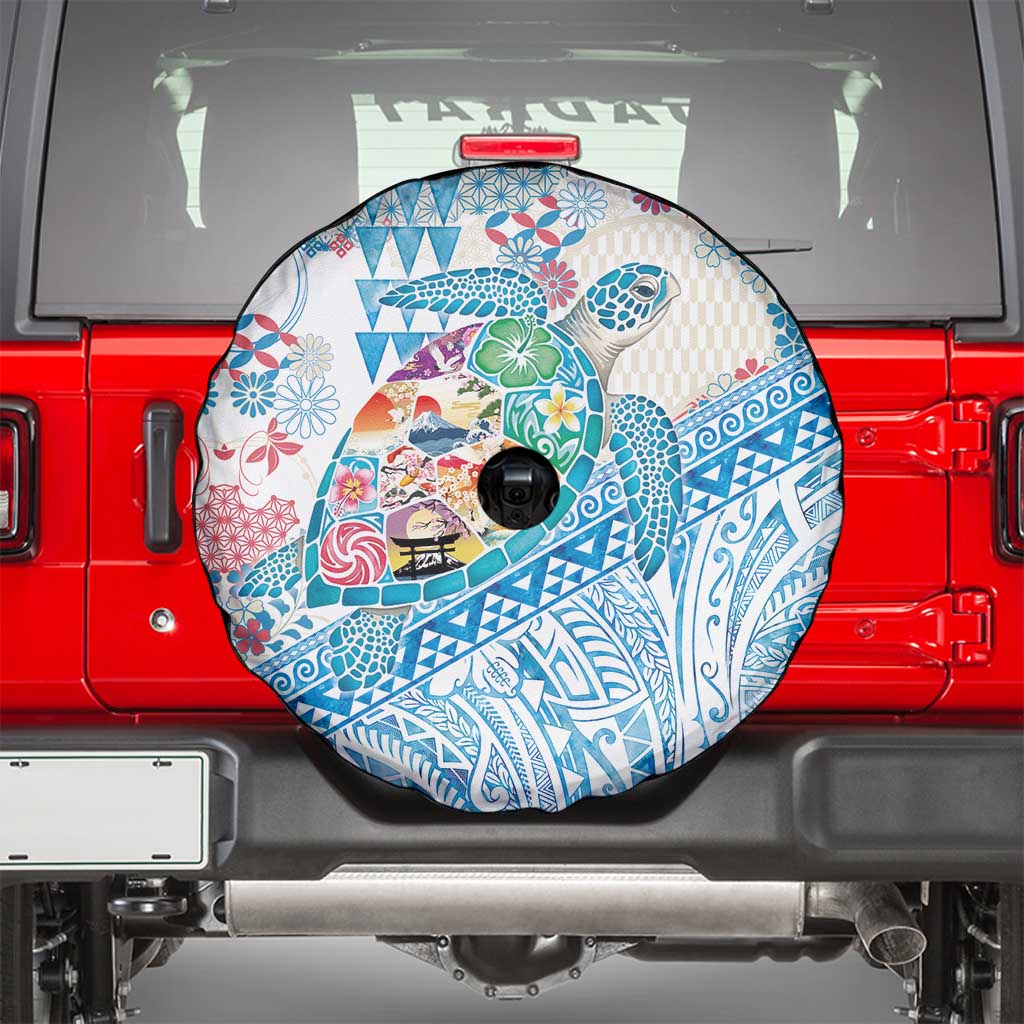 Hawaiian and Japanese Culture Together Spare Tire Cover Tropical Honu with Japanese Elements Blue Color LT03 - Polynesian Pride