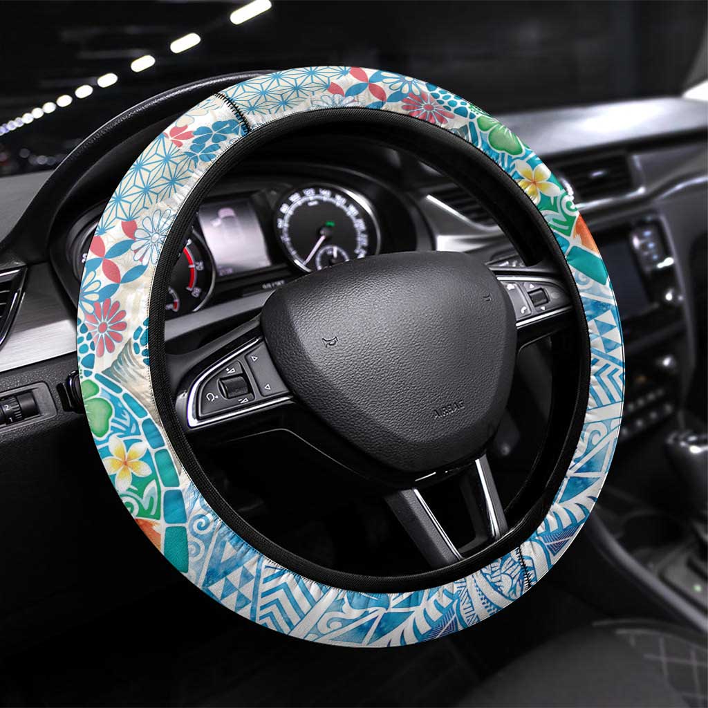Hawaiian and Japanese Culture Together Steering Wheel Cover Tropical Honu with Japanese Elements Blue Color LT03 Universal Fit Blue - Polynesian Pride