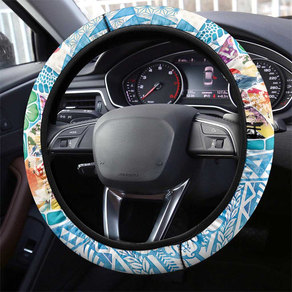 Hawaiian and Japanese Culture Together Steering Wheel Cover Tropical Honu with Japanese Elements Blue Color LT03 - Polynesian Pride