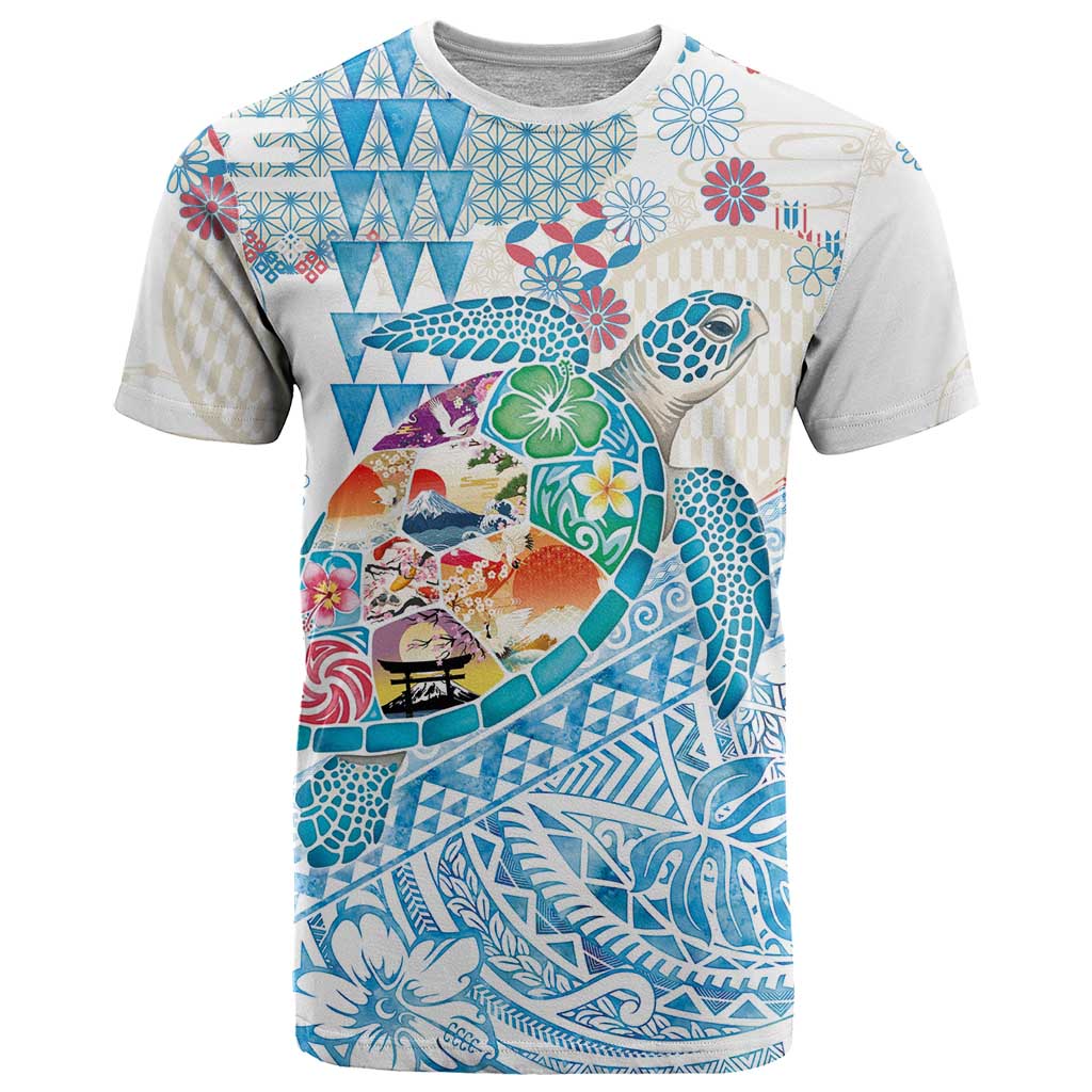 Hawaiian and Japanese Culture Together T Shirt Tropical Honu with Japanese Elements Blue Color LT03 Blue - Polynesian Pride