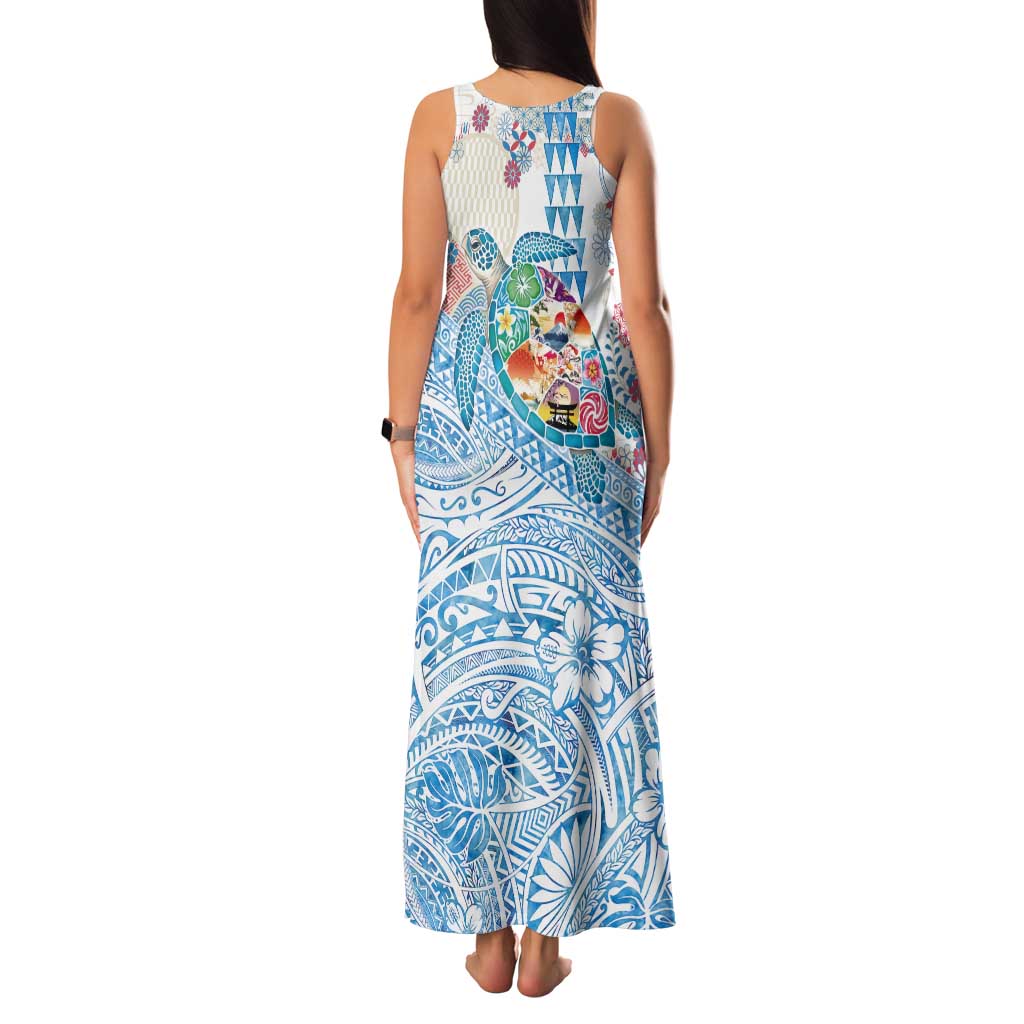 Hawaiian and Japanese Culture Together Tank Maxi Dress Tropical Honu with Japanese Elements Blue Color LT03 - Polynesian Pride