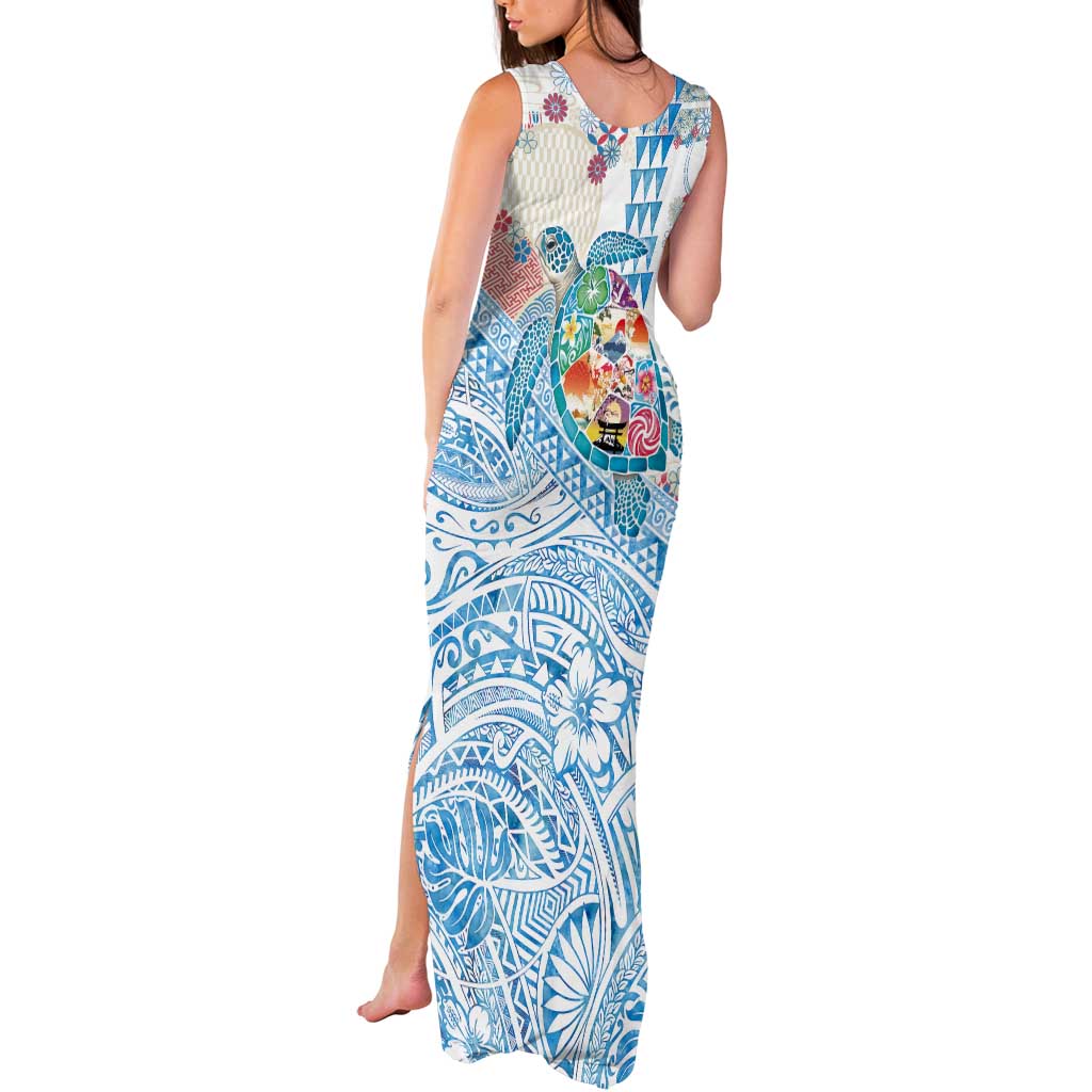 Hawaiian and Japanese Culture Together Tank Maxi Dress Tropical Honu with Japanese Elements Blue Color LT03 - Polynesian Pride