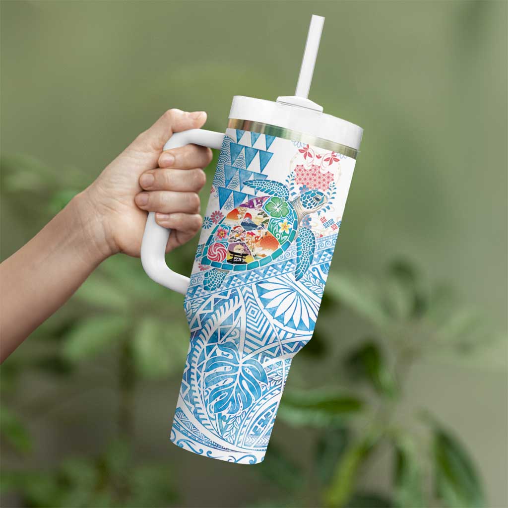 Hawaiian and Japanese Culture Together Tumbler With Handle Tropical Honu with Japanese Elements Blue Color LT03 - Polynesian Pride