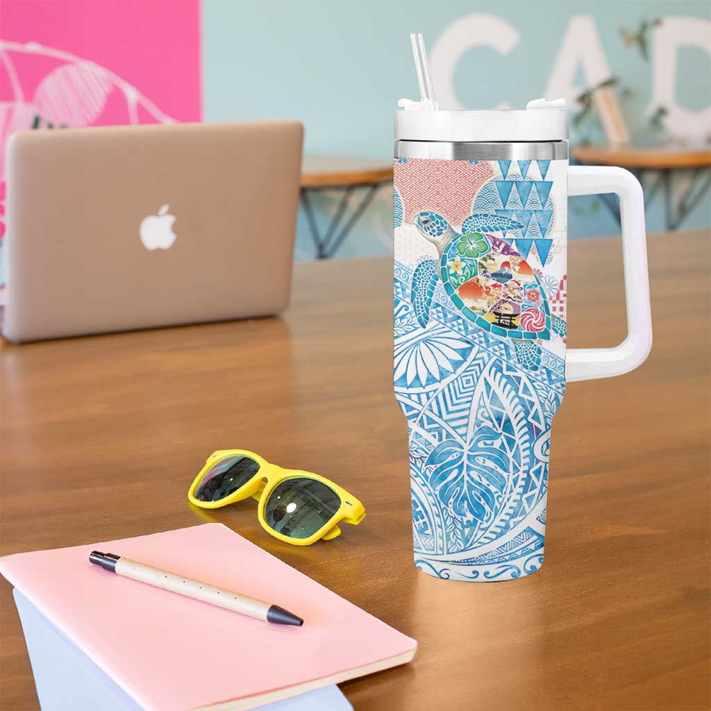 Hawaiian and Japanese Culture Together Tumbler With Handle Tropical Honu with Japanese Elements Blue Color LT03 - Polynesian Pride