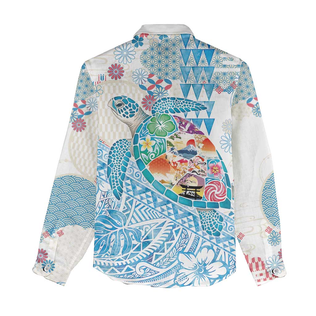 Hawaiian and Japanese Culture Together Women Casual Shirt Tropical Honu with Japanese Elements Blue Color LT03 - Polynesian Pride