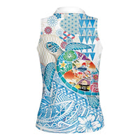 Hawaiian and Japanese Culture Together Women Sleeveless Polo Shirt Tropical Honu with Japanese Elements Blue Color LT03 - Polynesian Pride