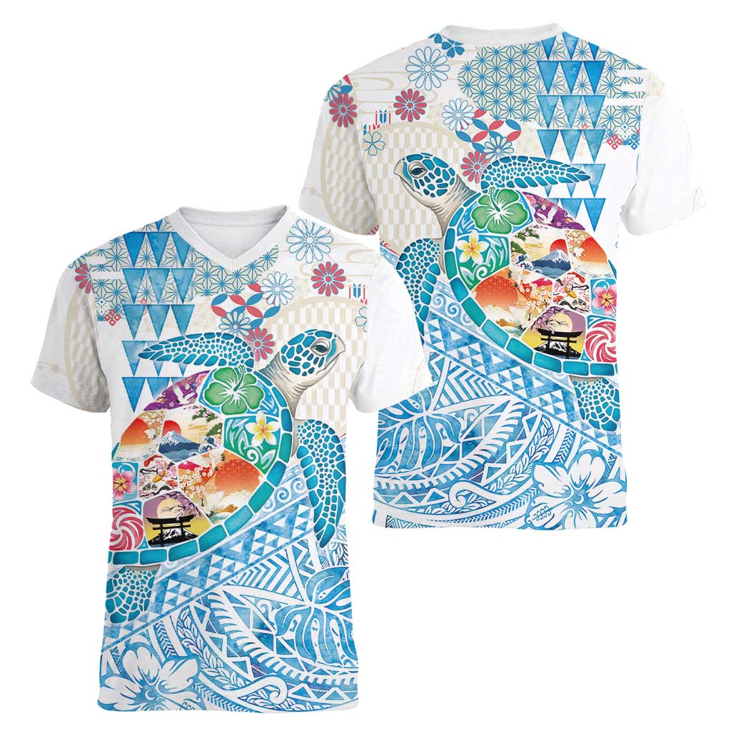 Hawaiian and Japanese Culture Together Women V-Neck T-Shirt Tropical Honu with Japanese Elements Blue Color LT03 - Polynesian Pride