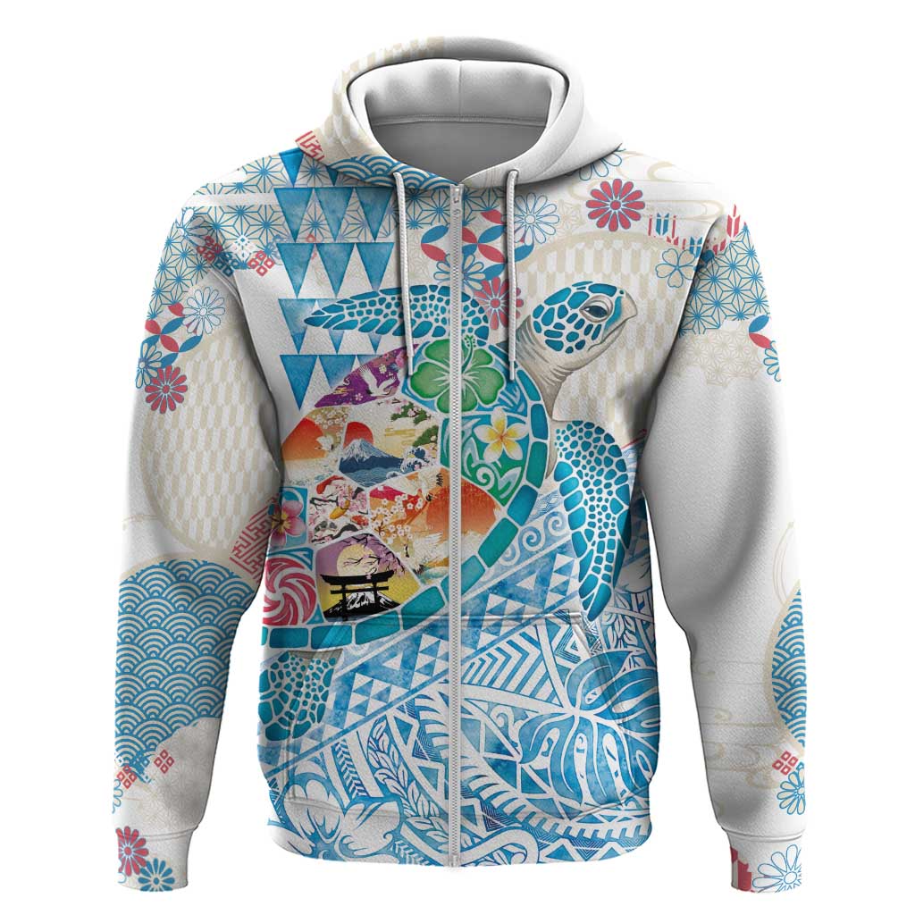 Hawaiian and Japanese Culture Together Zip Hoodie Tropical Honu with Japanese Elements Blue Color LT03 Zip Hoodie Blue - Polynesian Pride