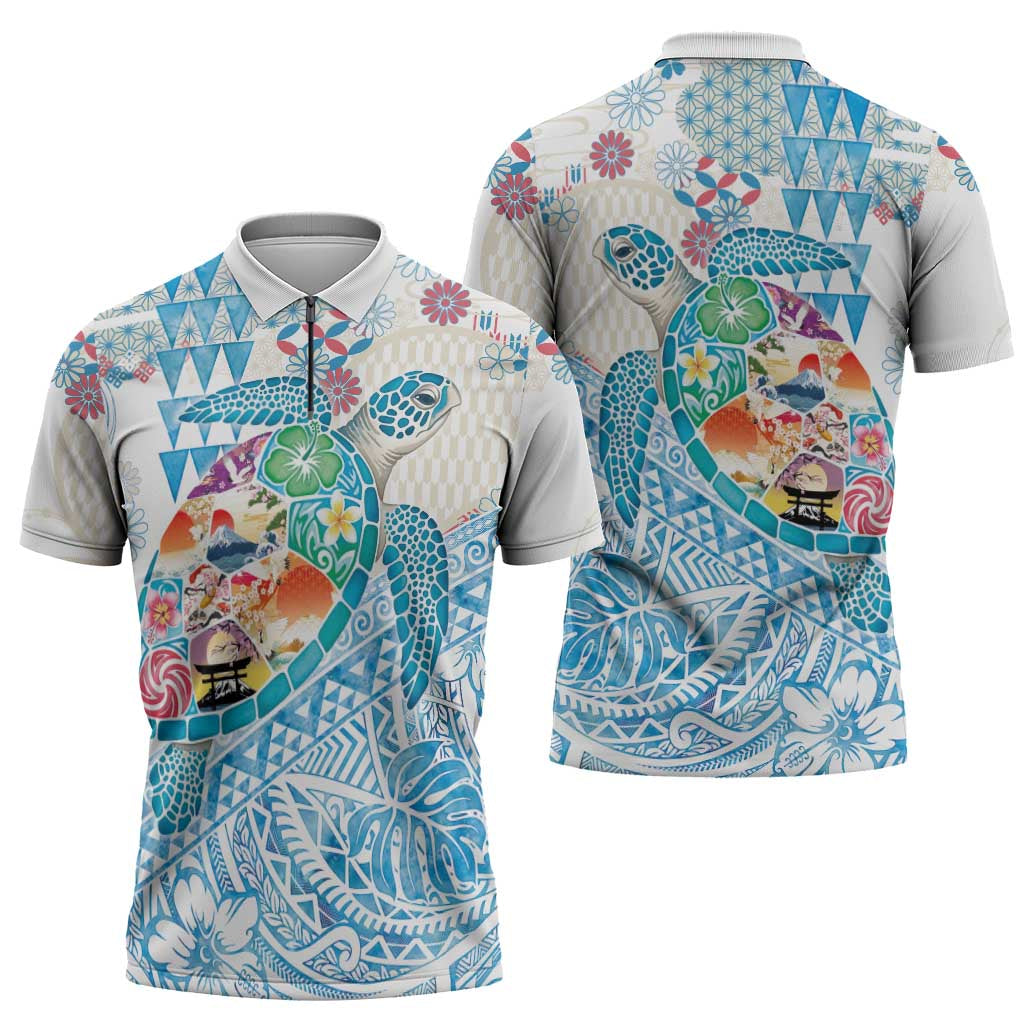 Hawaiian and Japanese Culture Together Zipper Polo Shirt Tropical Honu with Japanese Elements Blue Color LT03 - Polynesian Pride