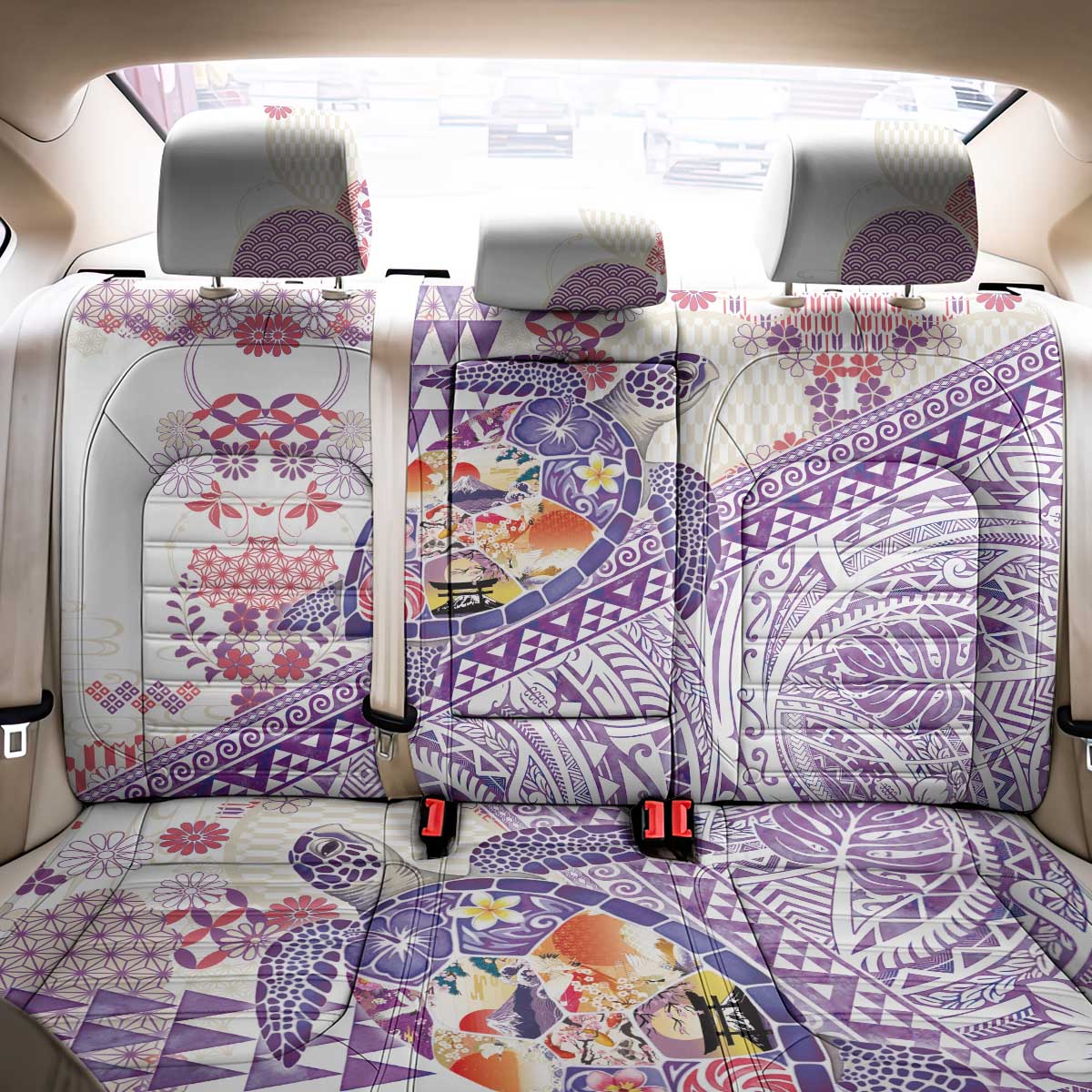 Hawaiian and Japanese Culture Together Back Car Seat Cover Tropical Honu with Japanese Elements Purple Color LT03 - Polynesian Pride