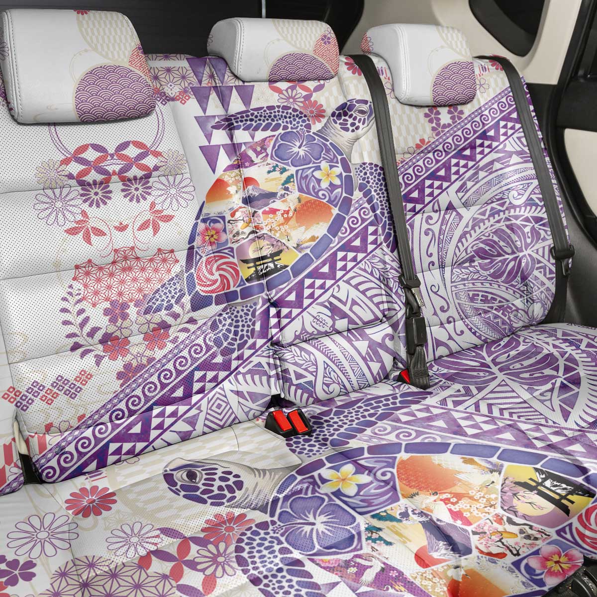 Hawaiian and Japanese Culture Together Back Car Seat Cover Tropical Honu with Japanese Elements Purple Color LT03 - Polynesian Pride