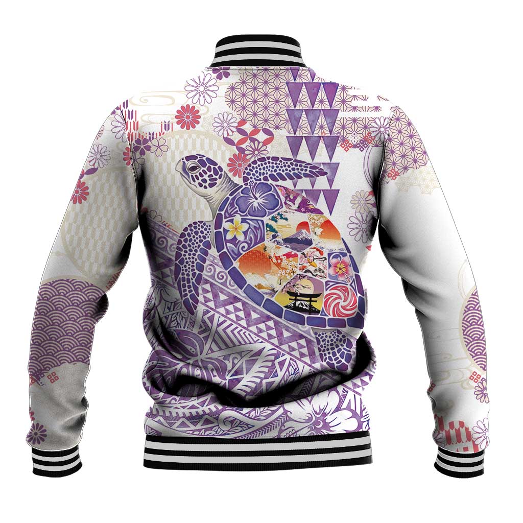 Hawaiian and Japanese Culture Together Baseball Jacket Tropical Honu with Japanese Elements Purple Color LT03 - Polynesian Pride