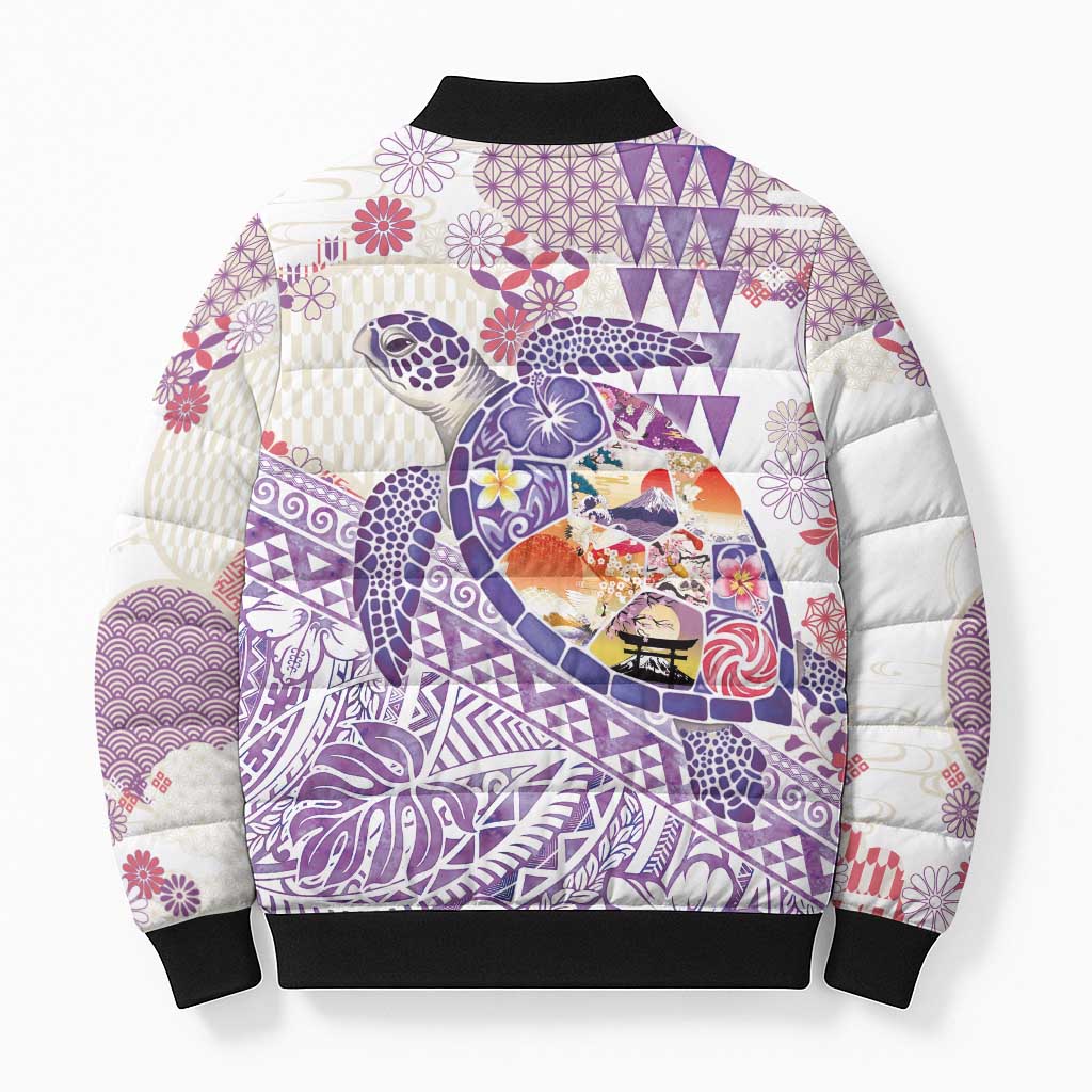 Hawaiian and Japanese Culture Together Bomber Puffer Jacket Tropical Honu with Japanese Elements Purple Color LT03 - Polynesian Pride