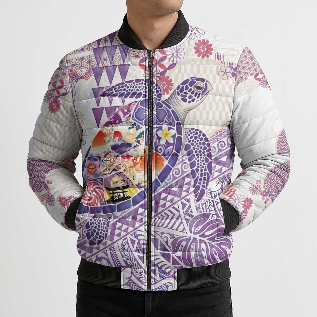 Hawaiian and Japanese Culture Together Bomber Puffer Jacket Tropical Honu with Japanese Elements Purple Color LT03 - Polynesian Pride