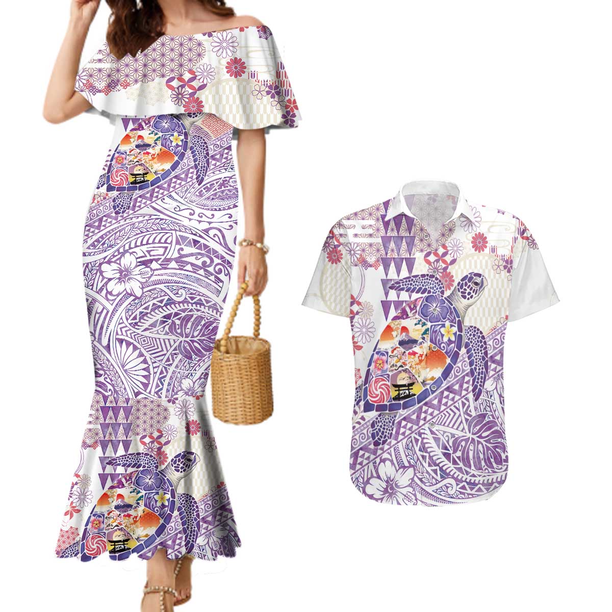 Hawaiian and Japanese Culture Together Couples Matching Mermaid Dress and Hawaiian Shirt Tropical Honu with Japanese Elements Purple Color LT03 Purple - Polynesian Pride