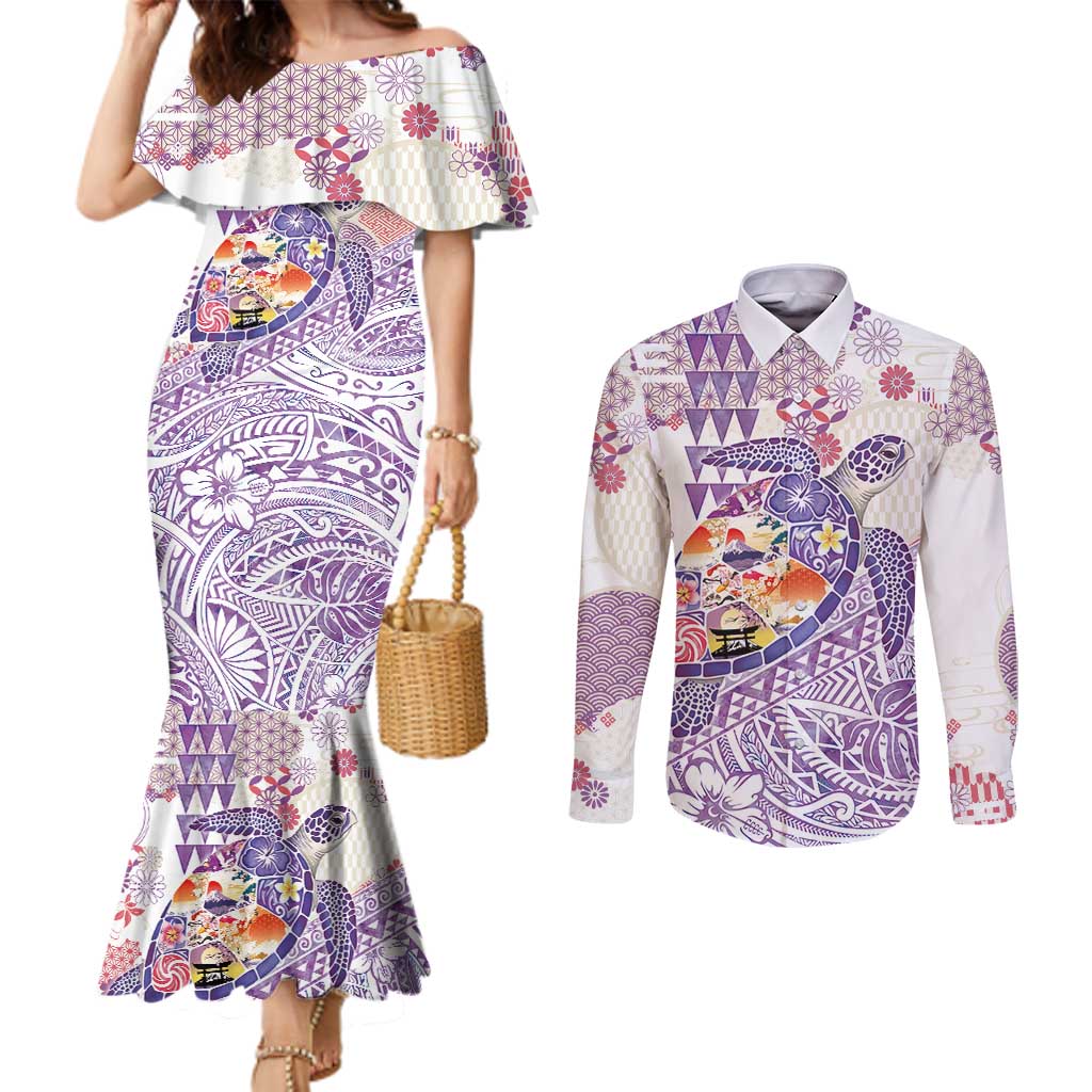 Hawaiian and Japanese Culture Together Couples Matching Mermaid Dress and Long Sleeve Button Shirt Tropical Honu with Japanese Elements Purple Color LT03 Purple - Polynesian Pride