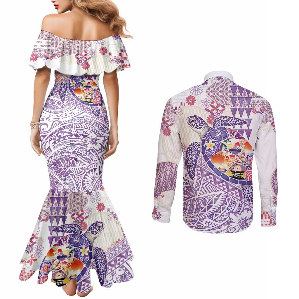 Hawaiian and Japanese Culture Together Couples Matching Mermaid Dress and Long Sleeve Button Shirt Tropical Honu with Japanese Elements Purple Color LT03 - Polynesian Pride