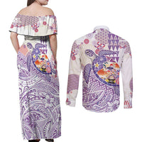Hawaiian and Japanese Culture Together Couples Matching Off Shoulder Maxi Dress and Long Sleeve Button Shirt Tropical Honu with Japanese Elements Purple Color LT03 - Polynesian Pride