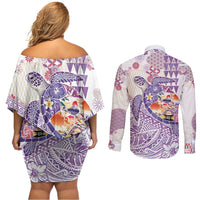 Hawaiian and Japanese Culture Together Couples Matching Off Shoulder Short Dress and Long Sleeve Button Shirt Tropical Honu with Japanese Elements Purple Color LT03 - Polynesian Pride