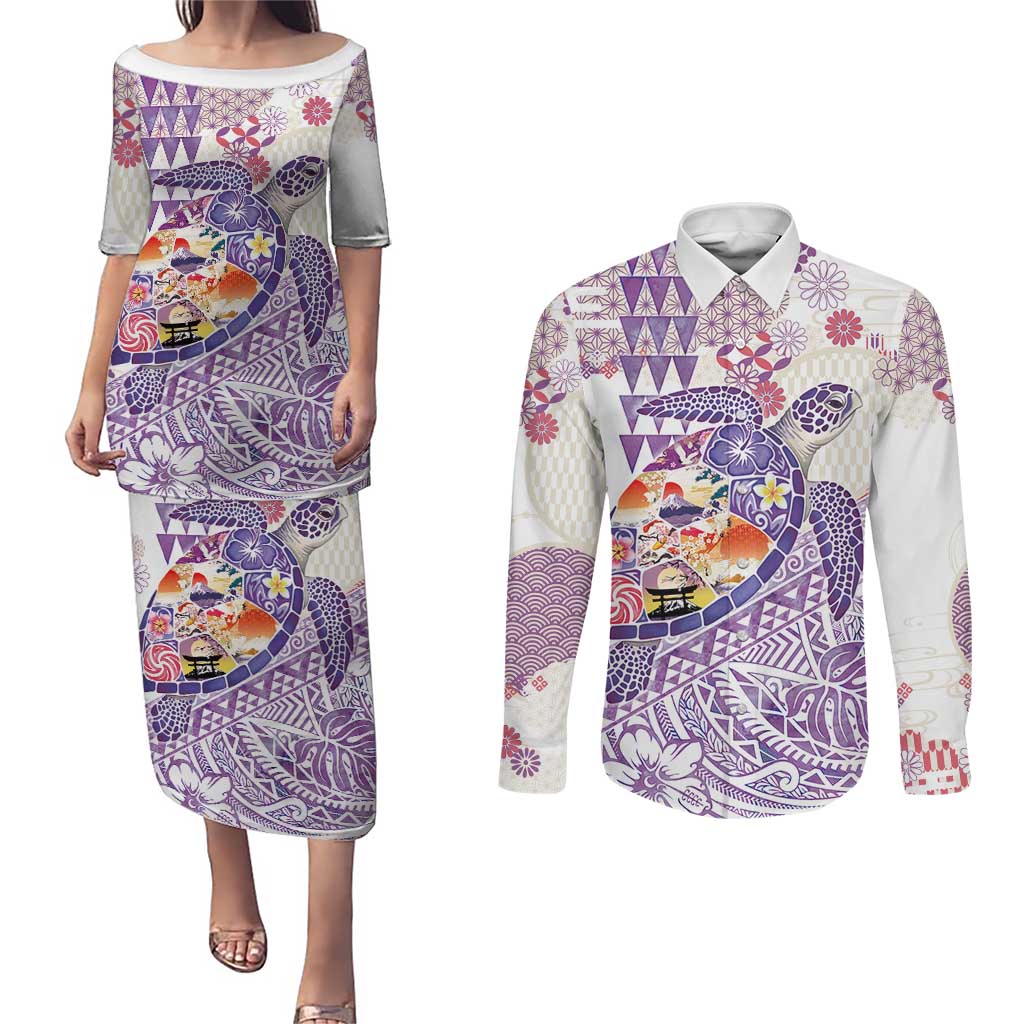 Hawaiian and Japanese Culture Together Couples Matching Puletasi and Long Sleeve Button Shirt Tropical Honu with Japanese Elements Purple Color LT03 Purple - Polynesian Pride
