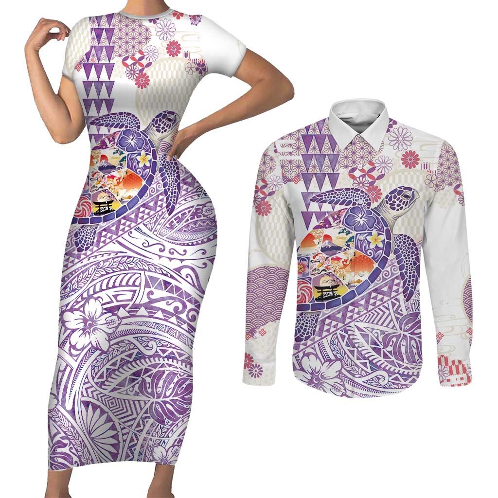 Hawaiian and Japanese Culture Together Couples Matching Short Sleeve Bodycon Dress and Long Sleeve Button Shirt Tropical Honu with Japanese Elements Purple Color LT03 Purple - Polynesian Pride